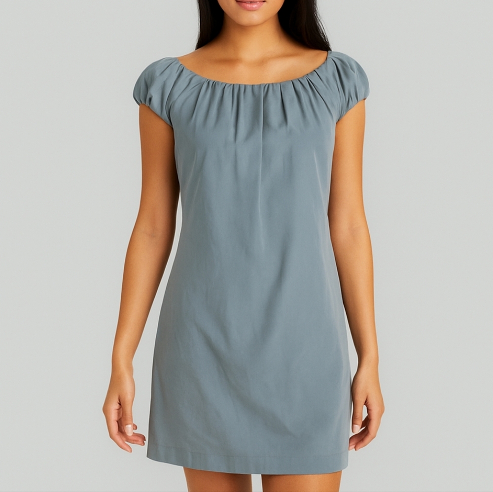 Womens Grey Mini Dress with Ruched cap sleeve neck line